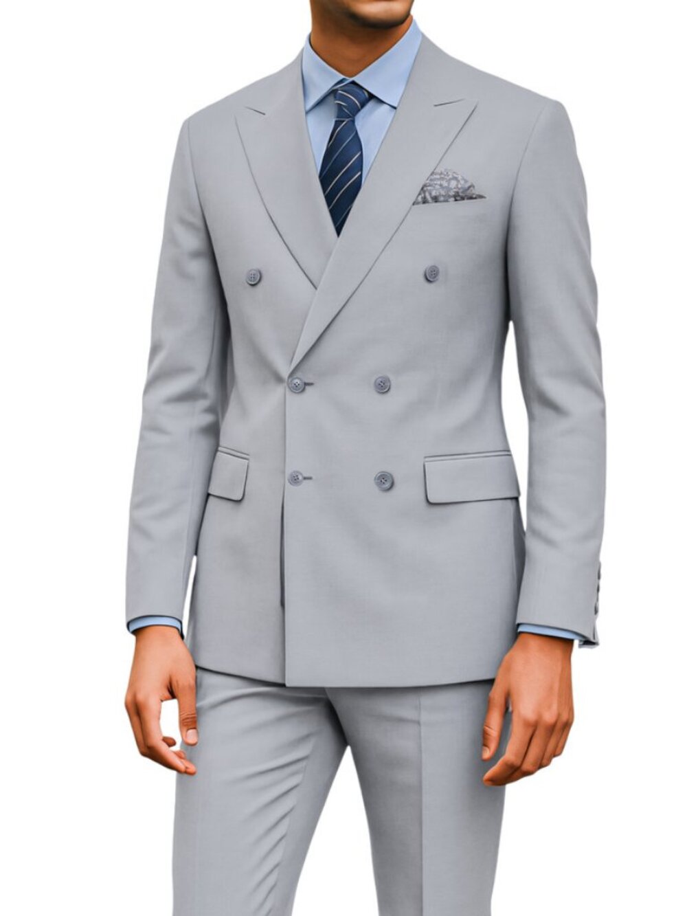 Solid Light Grey Double Breasted 2 Piece Tailored Fit Azzuro Men's Suit